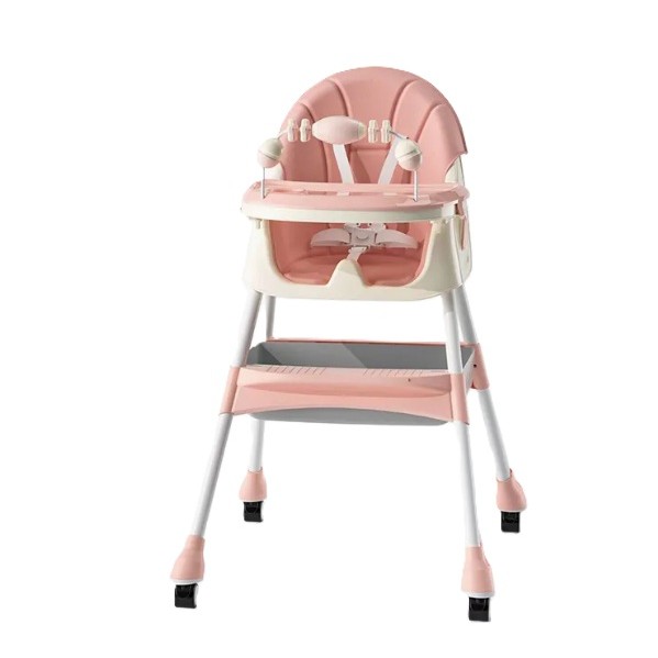 ✨TOATE PRODUSELE✨ - Scaun de Masa 2in1, , pentru Copii de la 6 luni - 5 Ani, Inaltime Reglabila, Centura in 5 Puncte, Tava de Masa, Roti cu Frana, Cos Depozitare, Jucarie Inclusa, 94 x 78 x 60 cm, Roz