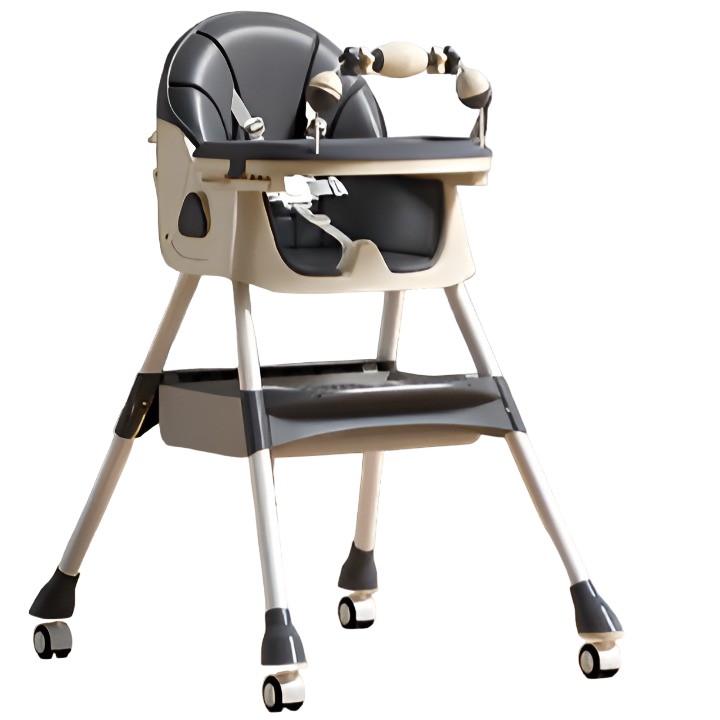 Scaune de masa bebe - Scaun de Masa pentru Bebelusi si Copii, , 2 Tavite cu Jucarii si Husa Detasabile, Multifuncțional, Stabil, Centura de Siguranta, Spatar Reglabil Moale, Balansoar, Cos de Depozitare, de la 6 Luni, 97x73x65cm, Gri