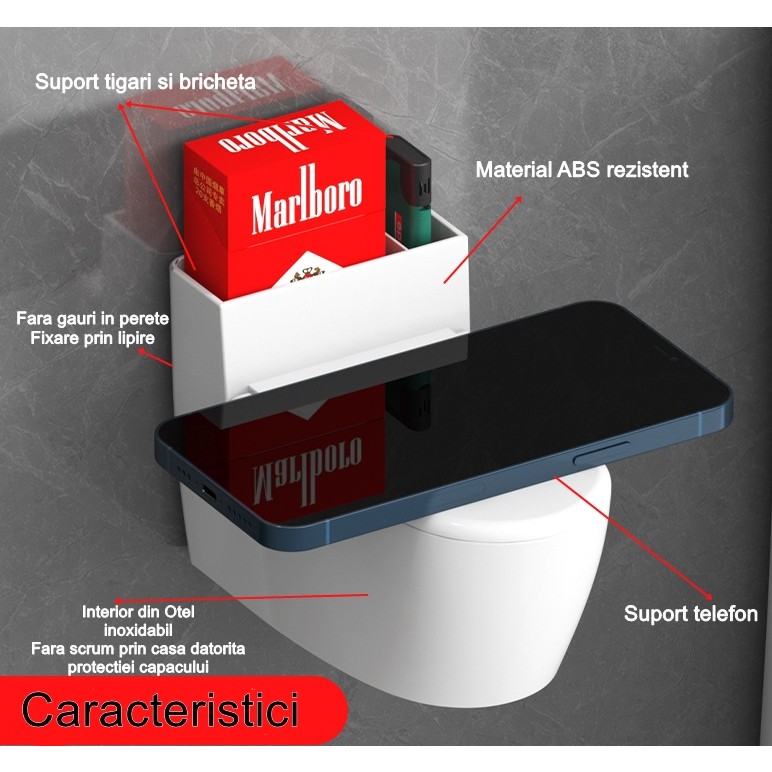 Scrumiera creativa , Forma de Toaleta, Capac Alb , Material ABS si Otel Inoxidabil, 12.5 x 10 x 8 cm, Fixare prin Lipire sau De Sine Statator, pentru Baie, Camera, Bucatarie, Balcon, Alb, model 2 [3]