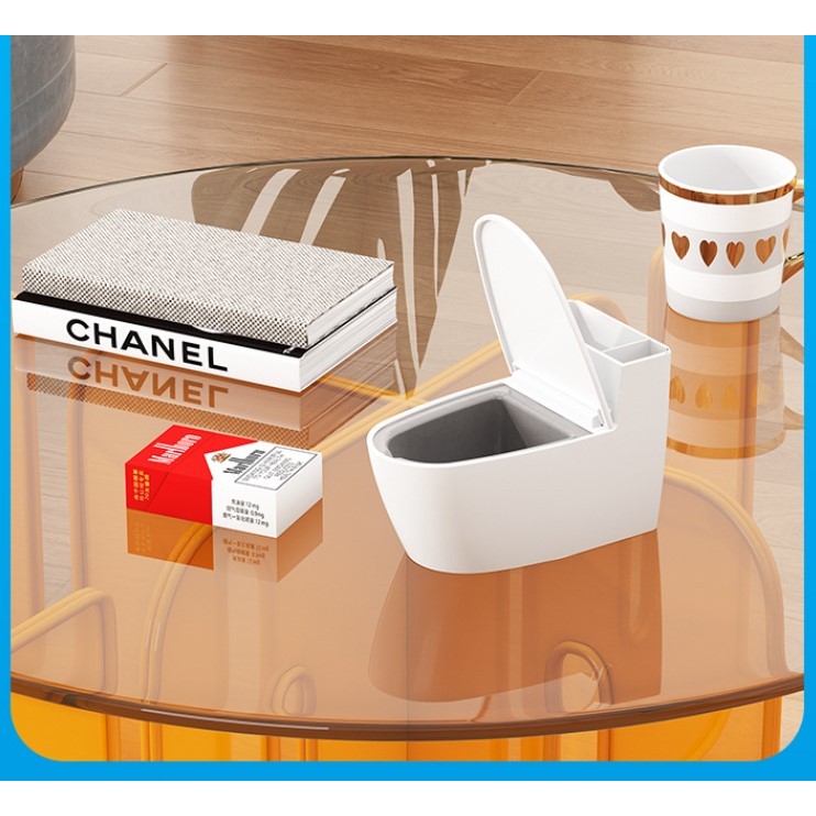 Scrumiera creativa , Forma de Toaleta, Capac Alb , Material ABS si Otel Inoxidabil, 12.5 x 10 x 8 cm, Fixare prin Lipire sau De Sine Statator, pentru Baie, Camera, Bucatarie, Balcon, Alb, model 2 [5]