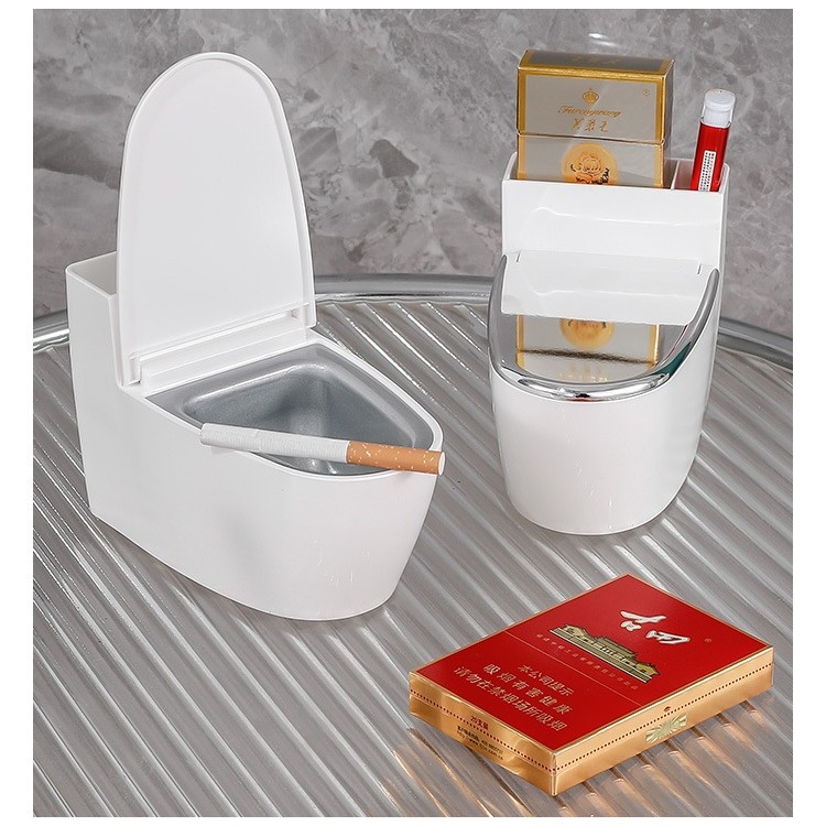 Scrumiera creativa , Forma de Toaleta, Capac Argintiu, Material ABS si Otel Inoxidabil, 12.5 x 9.8 x 8.4 cm, Fixare prin Lipire sau De Sine Statator, pentru Baie, Camera, Bucatarie, Balcon, Argintiu [4]