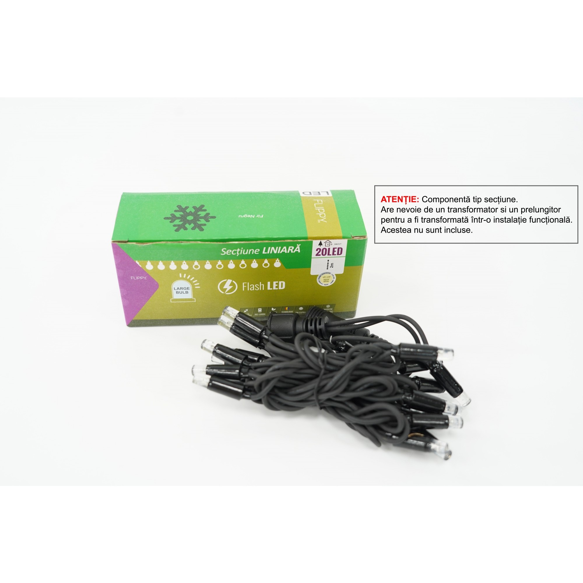 Accesorii si componente - Instalatie de Craciun, ®, Sectiune 2 m, Tip Liniara, 20 LED-uri, Fara Transformator, IP44, cu Flash, Interconectabila, Alb Cald