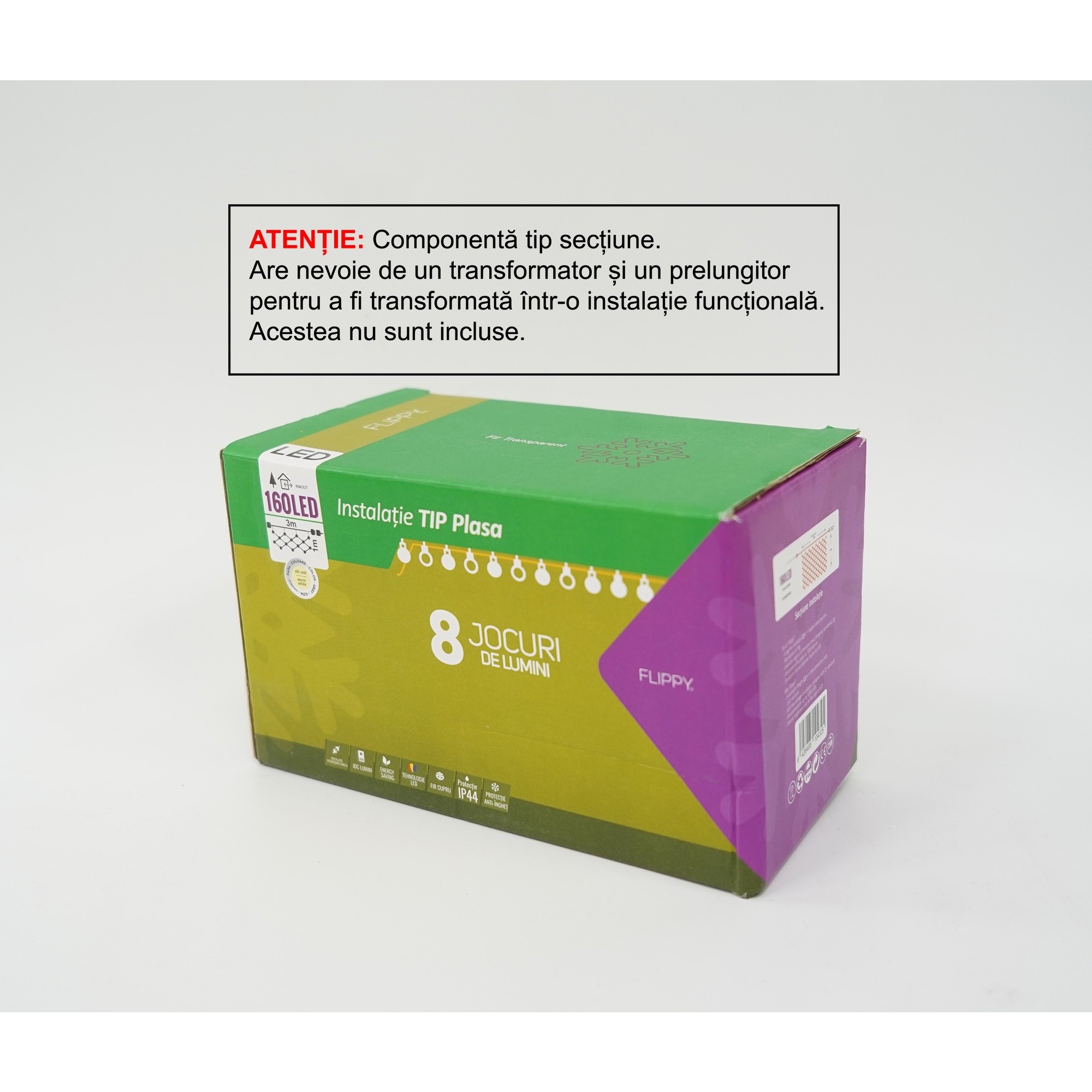 Accesorii si componente - Sectiune Instalatie de Craciun , Tip Plasa, 160 LED-uri, 3 m x 1 m, 8 jocuri de lumini, Interconectabila, Fir transparent, Alb cald