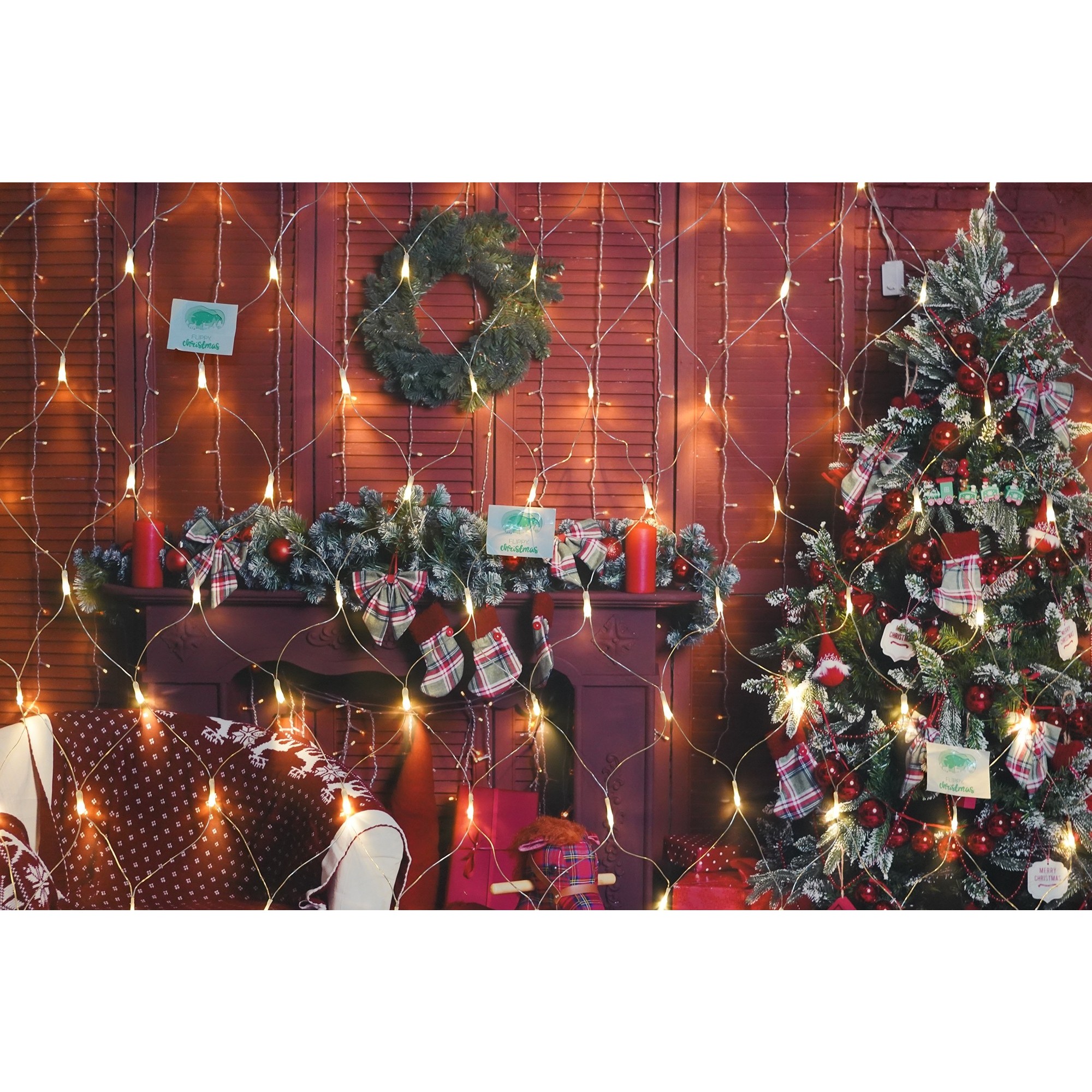 Sectiune Instalatie de Craciun , Tip Plasa, 160 LED-uri, 3 m x 1 m, 8 jocuri de lumini, Interconectabila, Fir transparent, Alb cald [2]