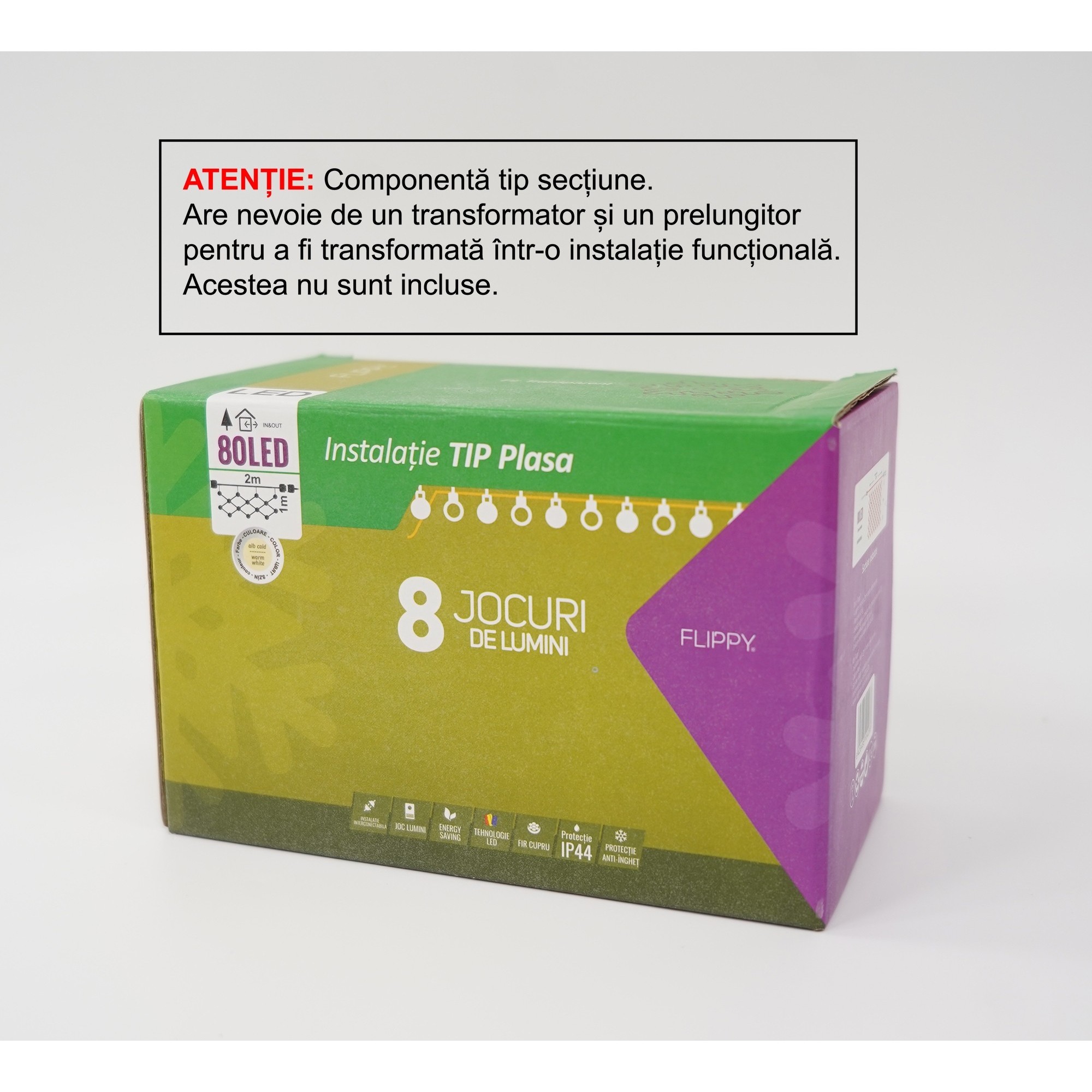 Accesorii si componente - Sectiune Instalatie de Craciun , Tip Plasa, 80 LED-uri, 2 m x 1 m, 8 jocuri de lumini, Interconectabila, Fir transparent, Alb cald