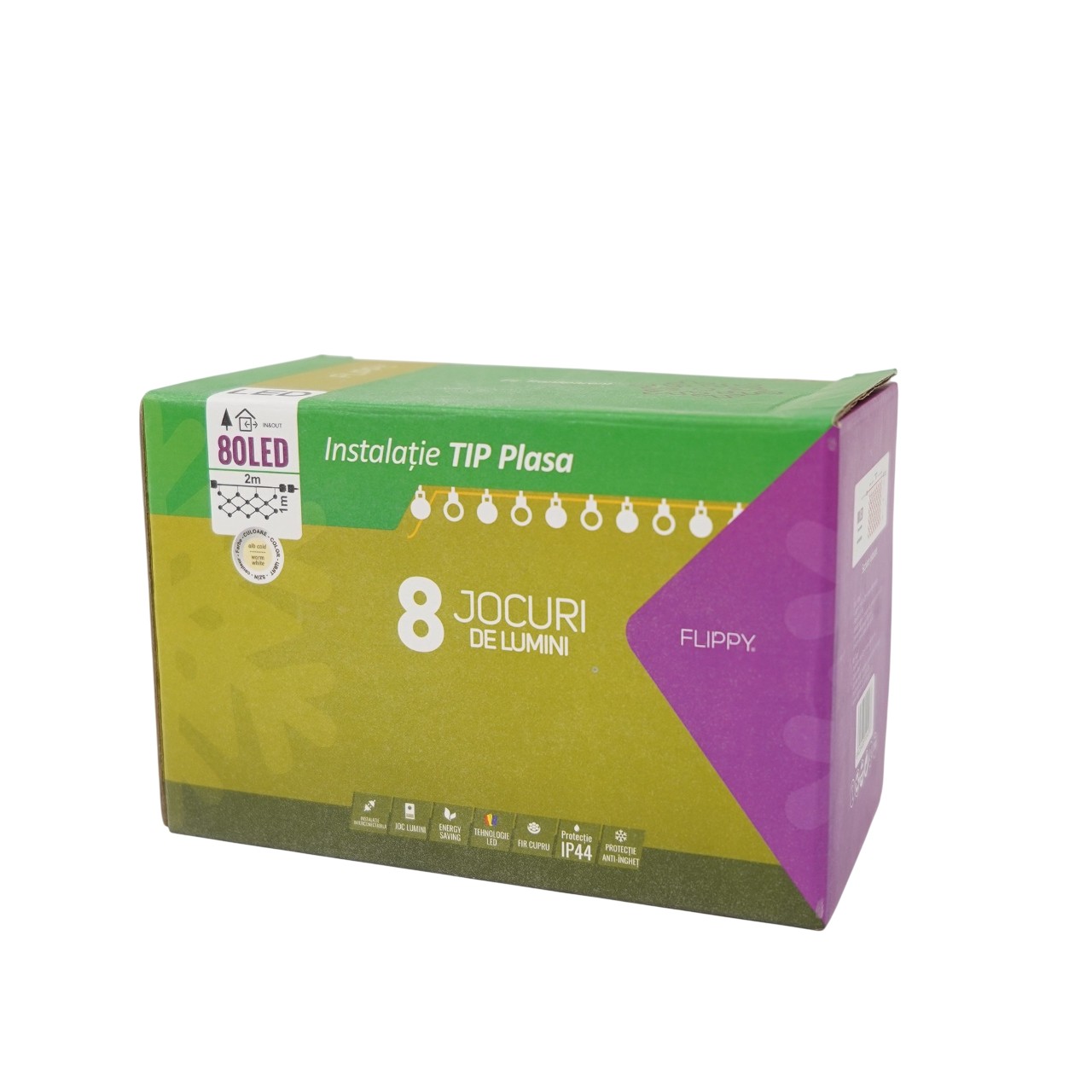 Sectiune Instalatie de Craciun , Tip Plasa, 80 LED-uri, 2 m x 1 m, 8 jocuri de lumini, Interconectabila, Fir transparent, Alb cald [6]