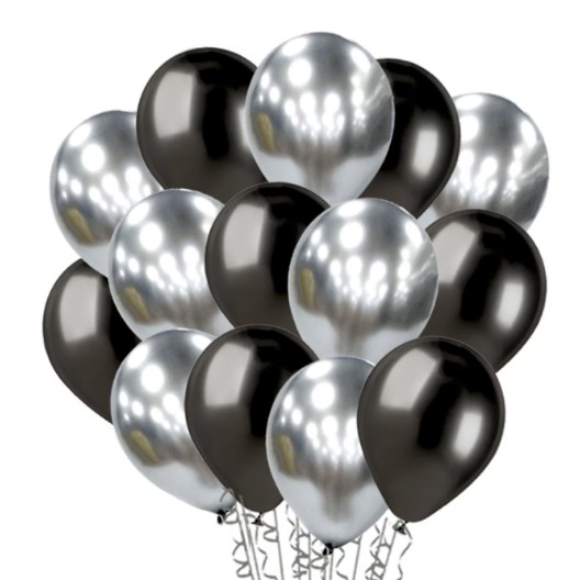 ✨TOATE PRODUSELE✨ - Set 10 Baloane din Latex Chrome, , Model Party, 23 cm, Negru Argintiu, 2.2 g
