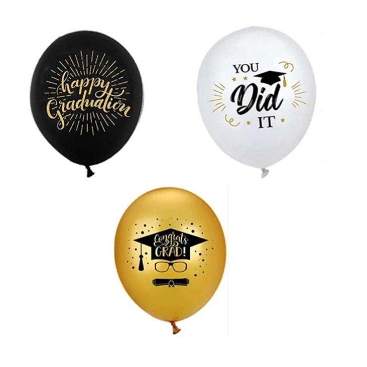 Baloane si Accesorii Absolvire - Set 10 Baloane din Latex Metalizate, , Model Absolvire, Negru Auriu Alb, 23 cm, 1.4 g