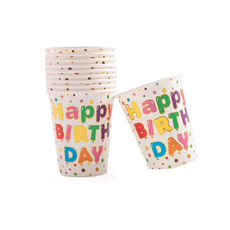 ✨TOATE PRODUSELE✨ - Set 10 Pahare, , Imprimeu Happy Birthday, din Carton, 250 ml, 7.5 x 8.5 cm, Multicolor