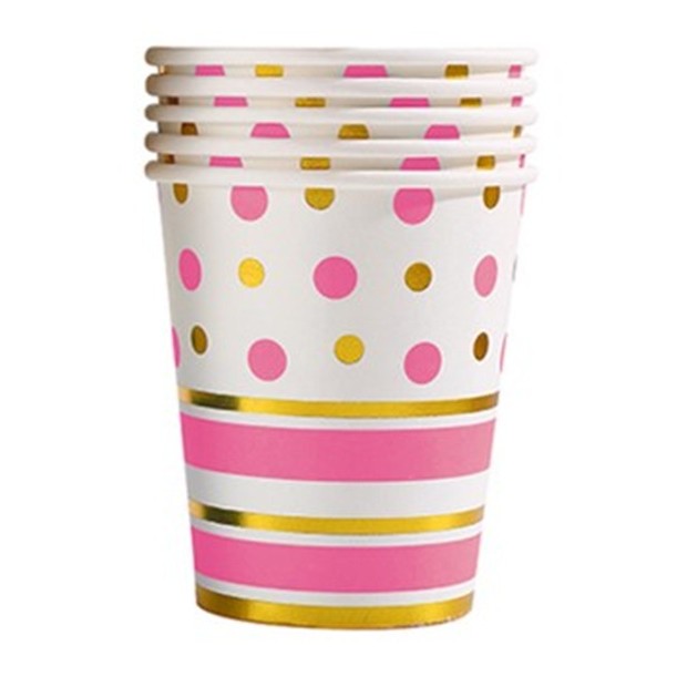 ✨TOATE PRODUSELE✨ - Set 10 Pahare, , Imprimeu cu Buline si Dungi, din Carton, 250 ml, 7.5 x 8.5 x 5.2 cm, Roz/Auriu