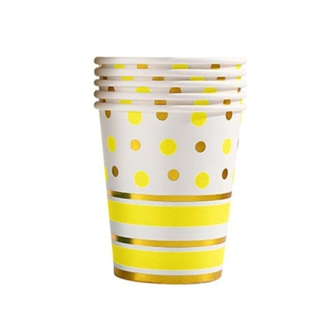 ✨TOATE PRODUSELE✨ - Set 10 Pahare, , Imprimeu cu Buline si Dungi, din Carton, 250 ml, 7.5 x 8.5 x 5.2 cm, Galben/Auriu