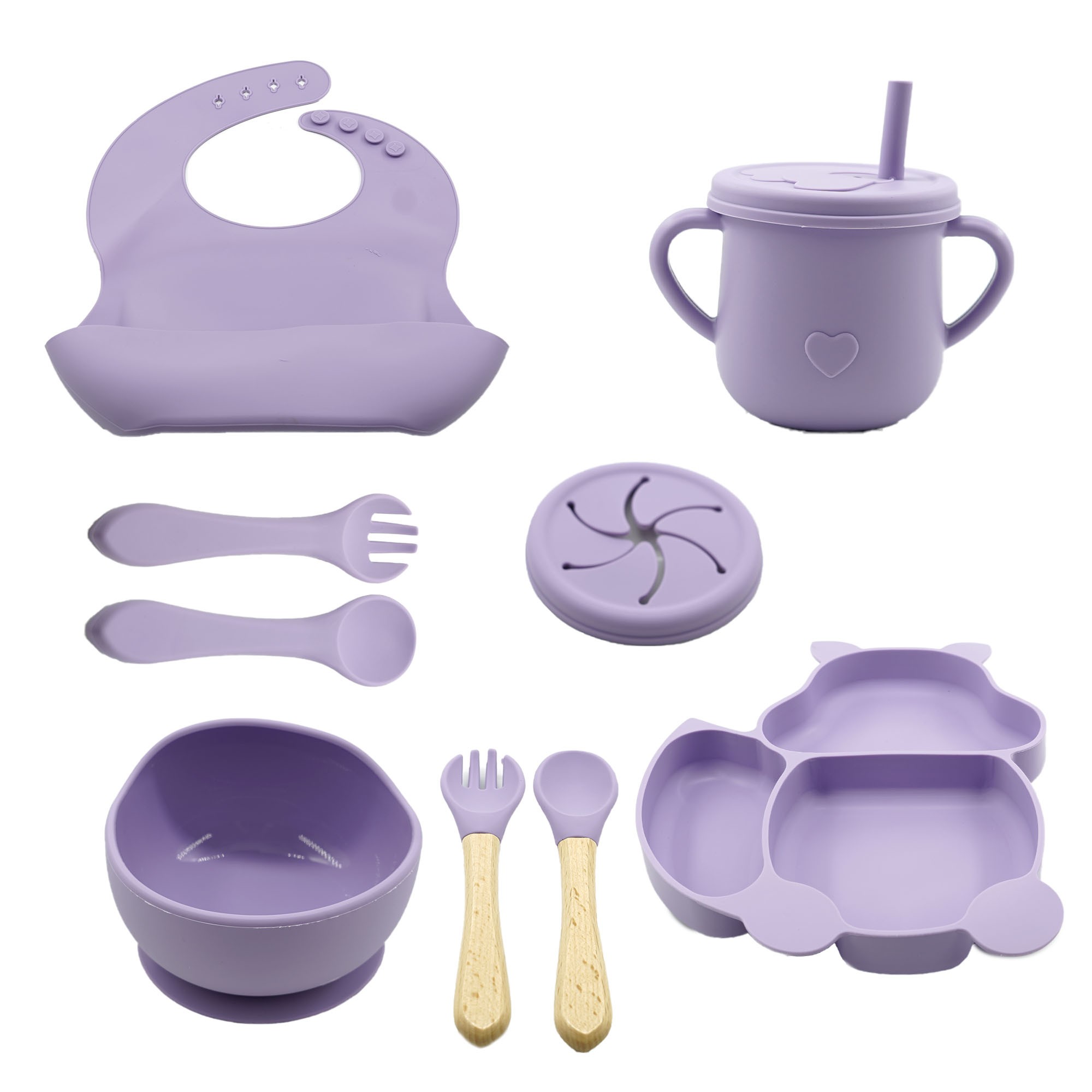 ✨TOATE PRODUSELE✨ - Set 10 piese diversificare bebelusi si copii din silicon , baveta, farfurie compartimentata cu ventuza, bol cu ventuza, tacamuri din lemn si silicon, cana pentru gustari, fara alergeni, mov