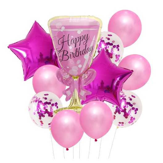 Seturi Baloane Folie - Set baloane Happy Birthday, , set din 11 bucati, Balon Pahar 93 cm, 2 baloane stea 45 cm, 5 baloane latex 30 cm, 3 baloane cu paiete 30 cm, Mov