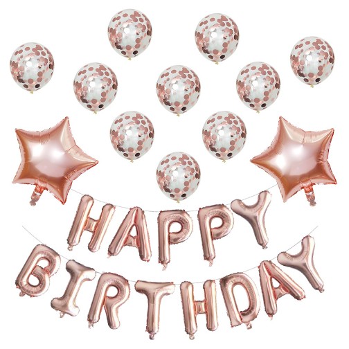 ✨TOATE PRODUSELE✨ - Set 12 Baloane si 1, Set pentru Aniversare, mesaj Happy Birthday, din folie de aluminiu, 30 -45 cm, Cu paiete, latex si folie, Rose Gold