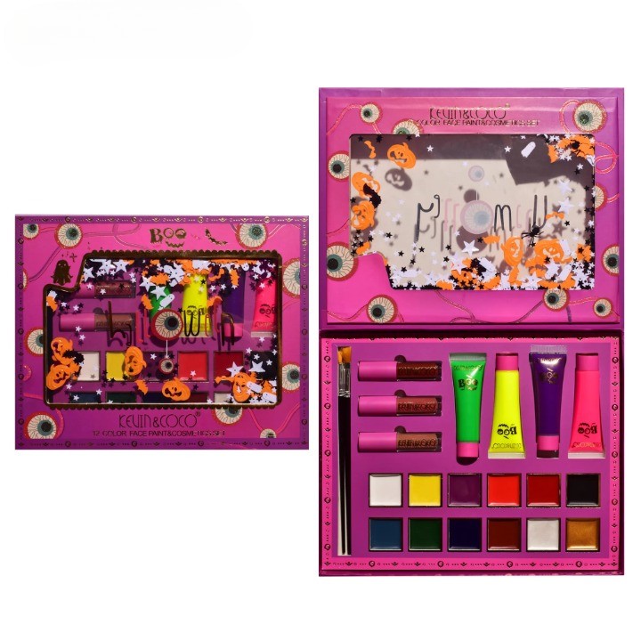 Palete Farduri si Truse Make-Up - Set Produse de Pictat Fata, KEVIN & COCO, Halloween, 12 culori, 3 Rujuri, 4 Tuburi Vopsea, 25.5 x 20.5 x 2.6 cm, Multicolor