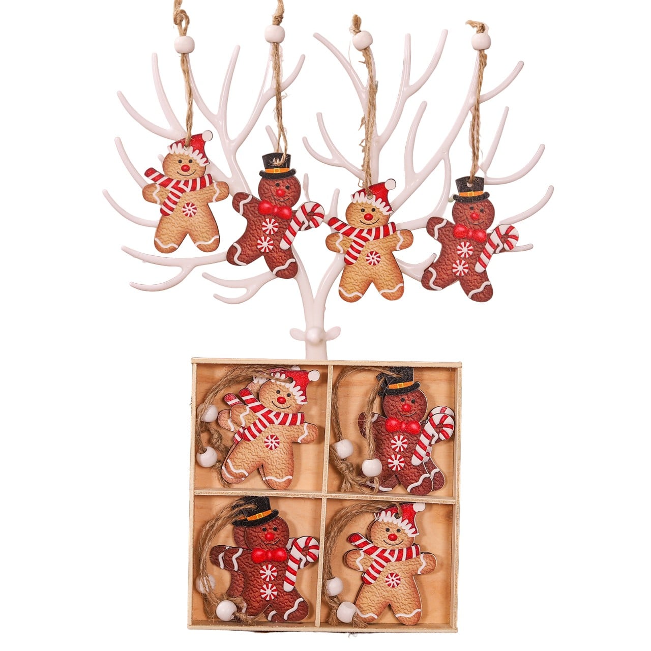 ✨TOATE PRODUSELE✨ - Set 12 Decoratiuni de Craciun din Lemn, , cu Snur pentru Agatare in Brad, Model Prajituri Omuleti, Dimensiuni Diferite, 2 Modele, Multicolor