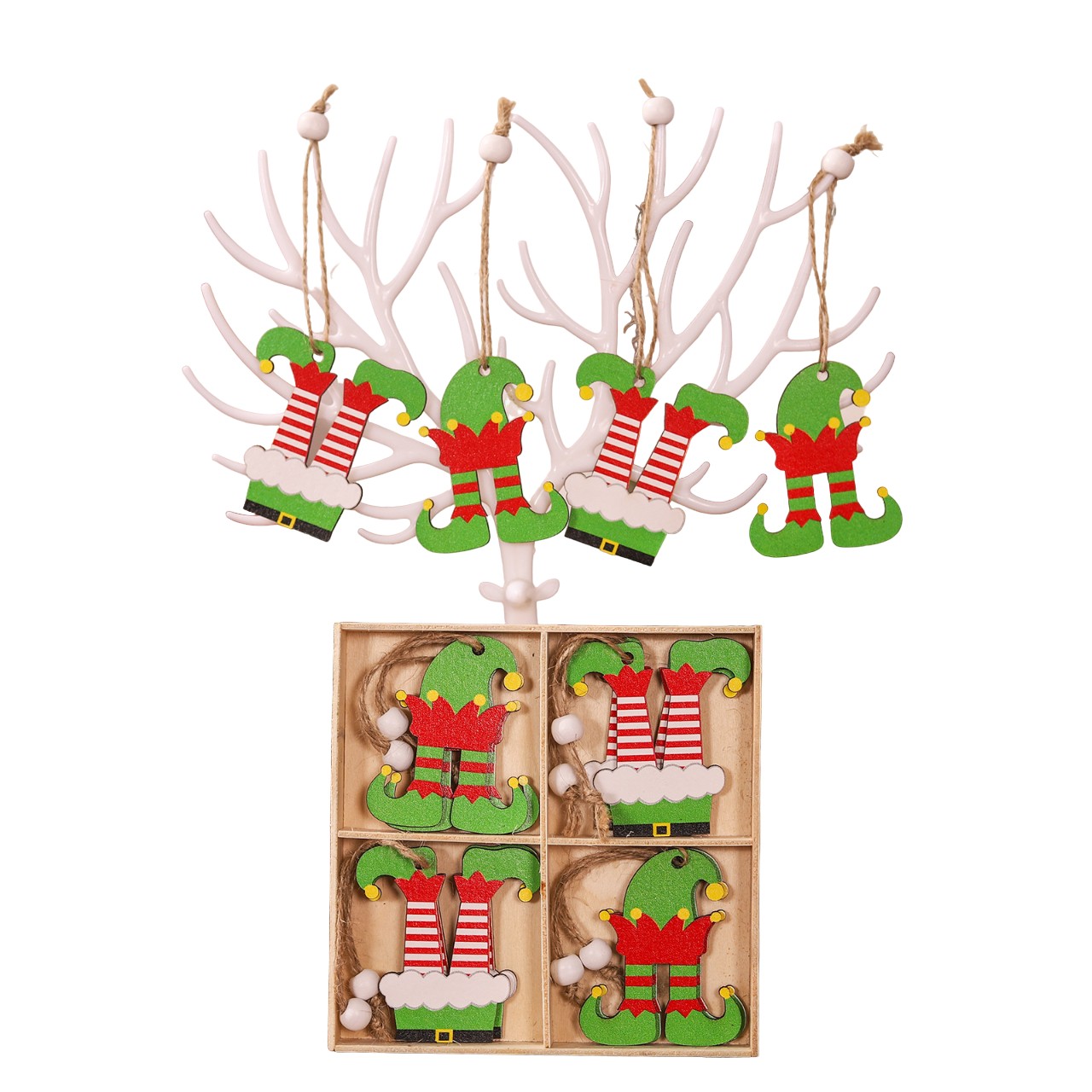 ✨TOATE PRODUSELE✨ - Set 12 Decoratiuni de Craciun din Lemn, , cu Snur pentru Agatare in Brad, Model Caciulite 6.3x5.2 cm si Pantaloni 6.3x6 cm, Multicolor