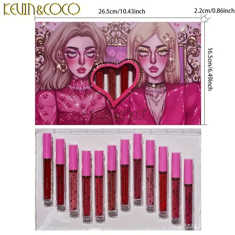 Set 12 Lip Gloss Kevin&Coco, nuante de rosu, rose, nude, cutie dreptunghiulara, 26.5x16.5x2.2 cm, 200 g, multicolor [2]
