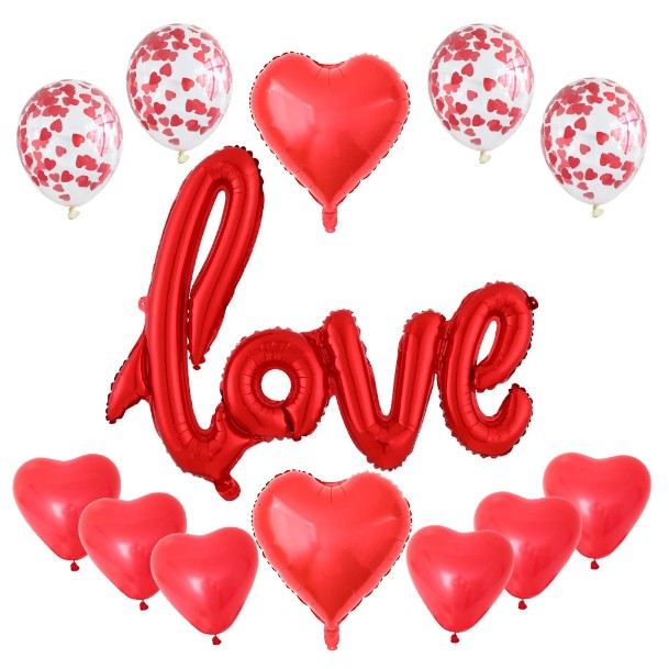 Seturi Baloane Folie - Set 13 Baloane din Folie Metalizata si din Latex, , Figurine Litere si Inima, Model Love, Tema Ziua Indragostitilor, Baloane Party cu Confetti, 102x65cm, 45 cm, 30 cm, Pai Inclus, Umflare cu Aer sau Heliu, Rosu