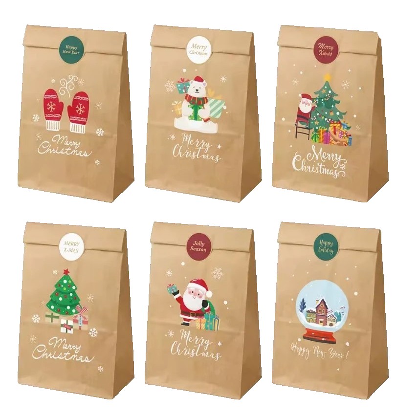 ✨TOATE PRODUSELE✨ - Set 12 Pungi de Cadou, , Tema Craciun, 12 Stickere Incluse, 22 x 12 x 8 cm, din Hartie, Maro