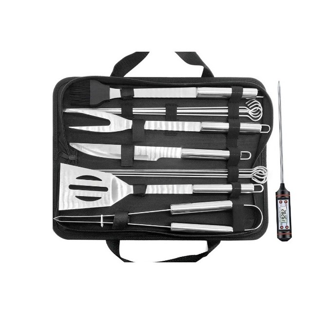✨TOATE PRODUSELE✨ - Set 14 Ustensile pentru Gratar cu Termometru, , din Otel Inoxidabil, Geanta Oxford, Argintiu