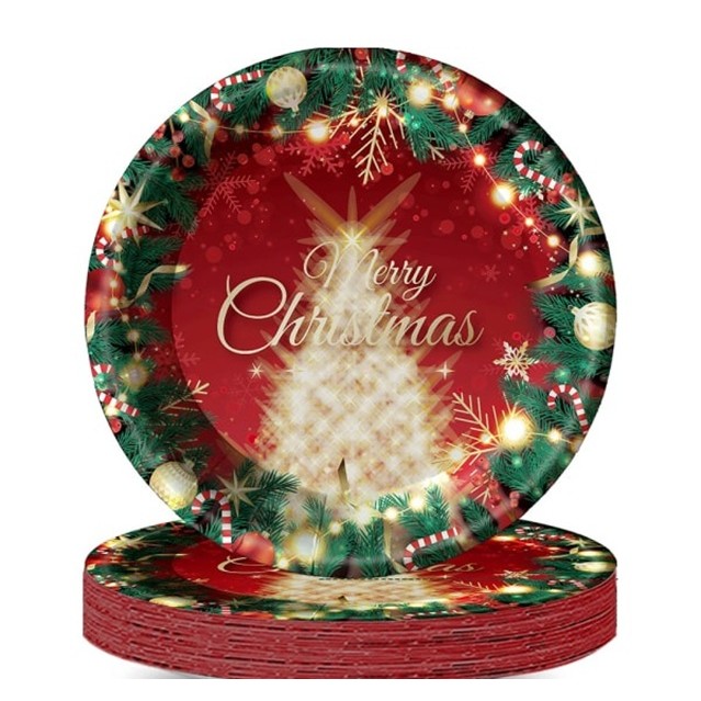 ✨TOATE PRODUSELE✨ - Set 16 Farfurii de Unica Folosinta, , Model Brad de Craciun Merry Christmas, Tematica Craciun, 23 cm, Rosu/Verde