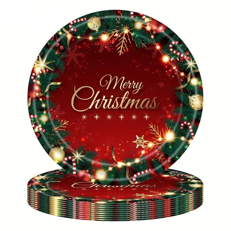 ✨TOATE PRODUSELE✨ - Set 16 Farfurii de Unica Folosinta, , Model Merry Christmas, Tematica Craciun, 23 cm, Rosu/Verde