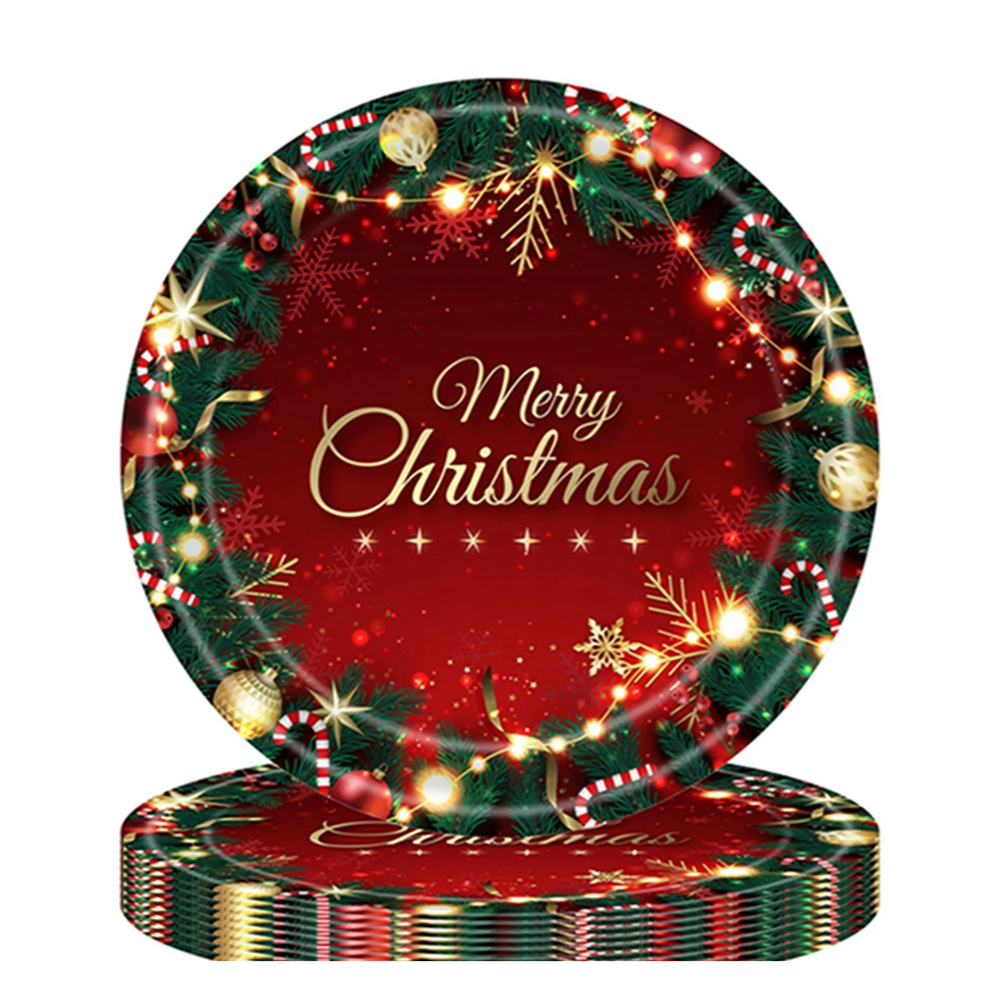 Set 16 Farfurii de Unica Folosinta, , Model Merry Christmas, Tematica Craciun, 23 cm, Rosu/Verde [3]