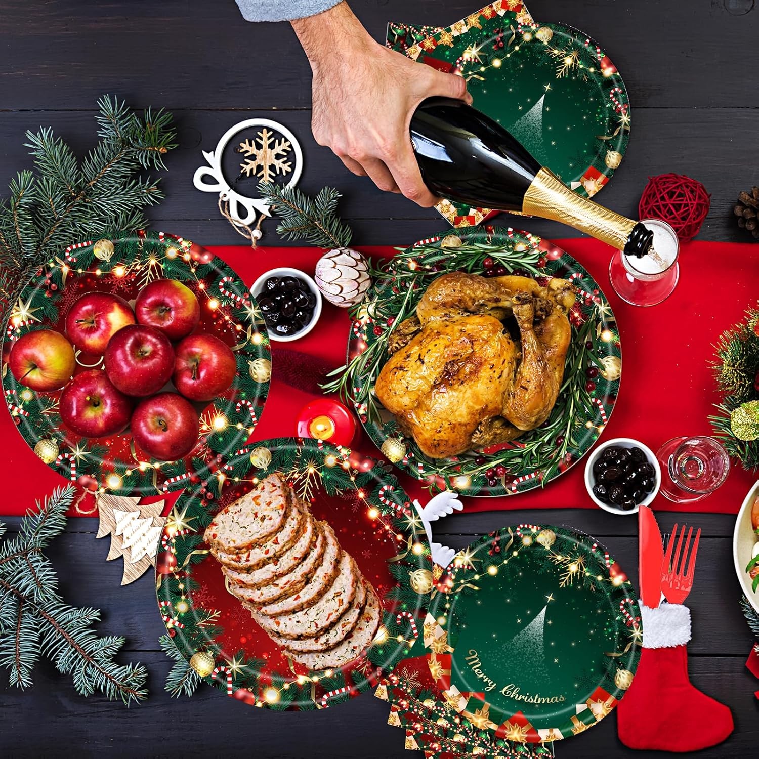 Set 16 Farfurii de Unica Folosinta, , Model Merry Christmas, Tematica Craciun, 23 cm, Rosu/Verde [4]