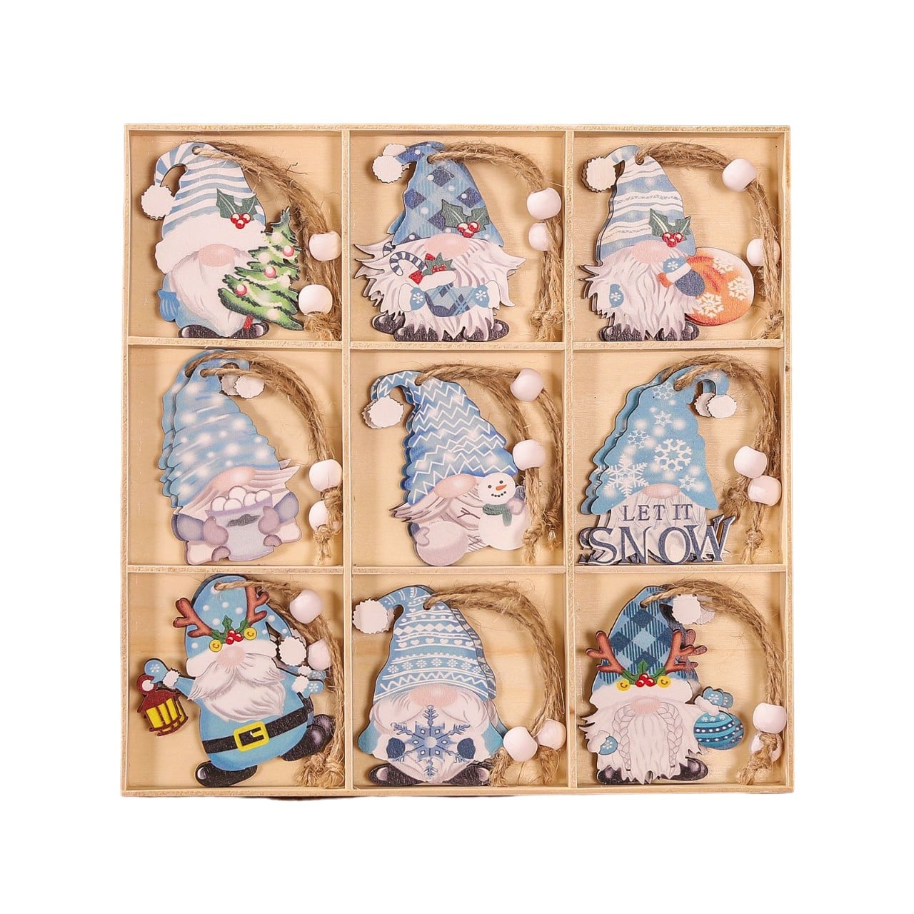 ✨TOATE PRODUSELE✨ - Set 18 Decoratiuni de Craciun din Lemn, , cu Snur pentru Agatare in Brad, Model Gnomi, Diferite Dimensiuni, Albastru