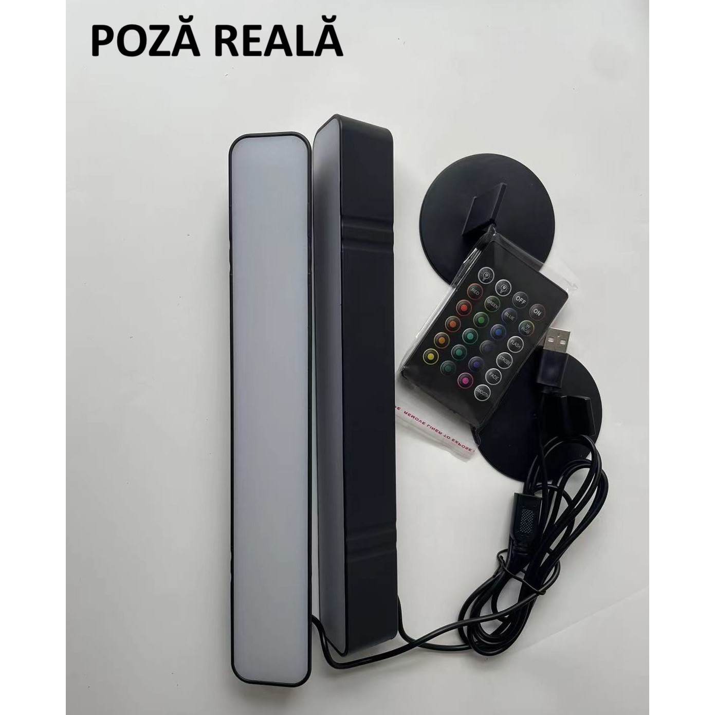 Set 2 Lampi de Birou, , RGB Colorat, 28 LED, Putere 5V, Telecomanda cu 24 de Taste, Cablu USB, Negru, 25.5x4x3.5cm [10]