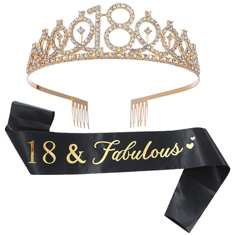 ✨TOATE PRODUSELE✨ - Set 2 Piese pentru Majorat, , 15 x 13 x 5 cm, Coronita Printesa Gold si Panglica 18&amp;Fabulous, Negru