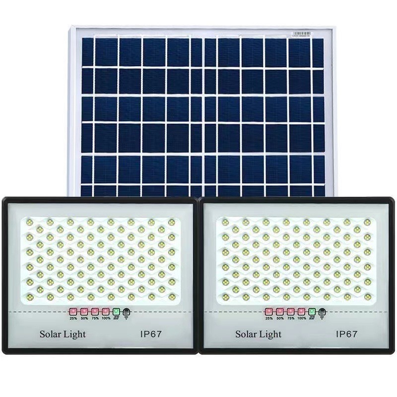 Lampi solare - Set 2 proiectoare LED cu Panou Solar , Senzor de miscare, Telecomanda, Waterproof, 200 LED-uri incorporate, 65W, 24x18 cm, IP67, Design Modern, Negru