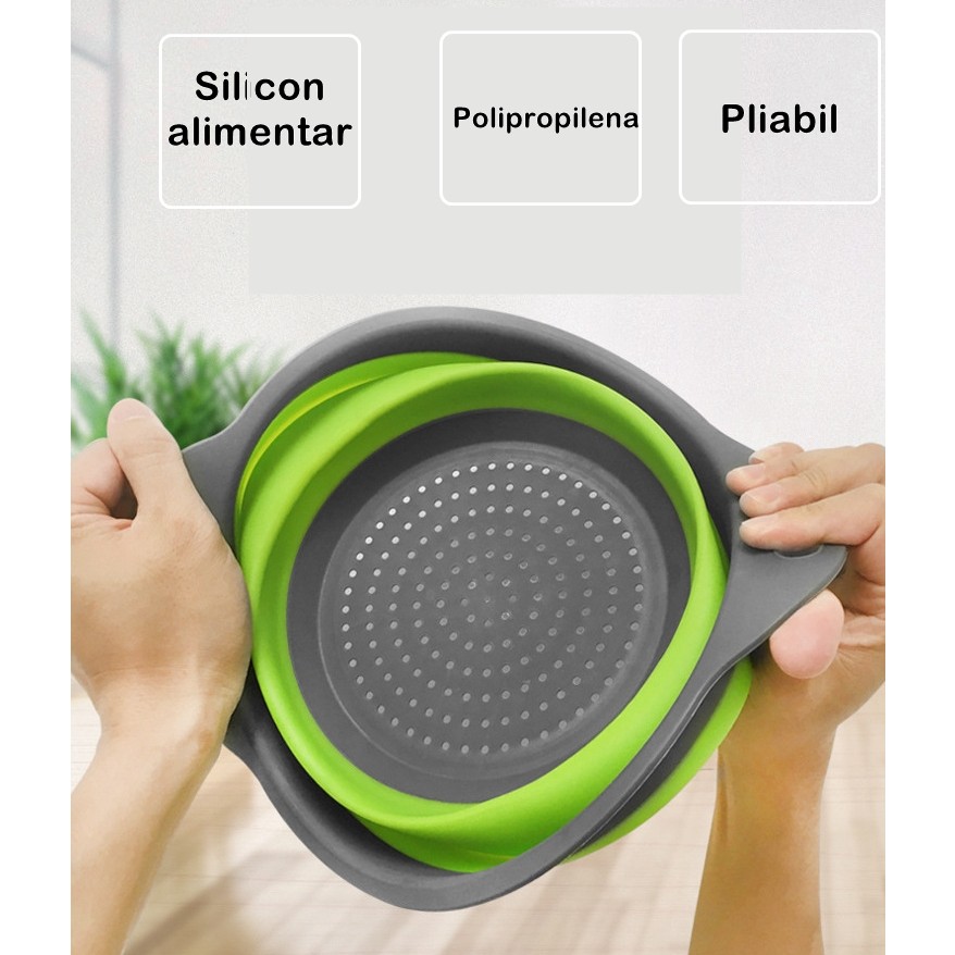 Set 2 strecuratori pliabile din silicon alimentar , cu manere, fund antiaderent si antialunecare, rotunda, doua dimensiuni, usor de depozitat, compatibil cu masina de spalat vase, verde [2]