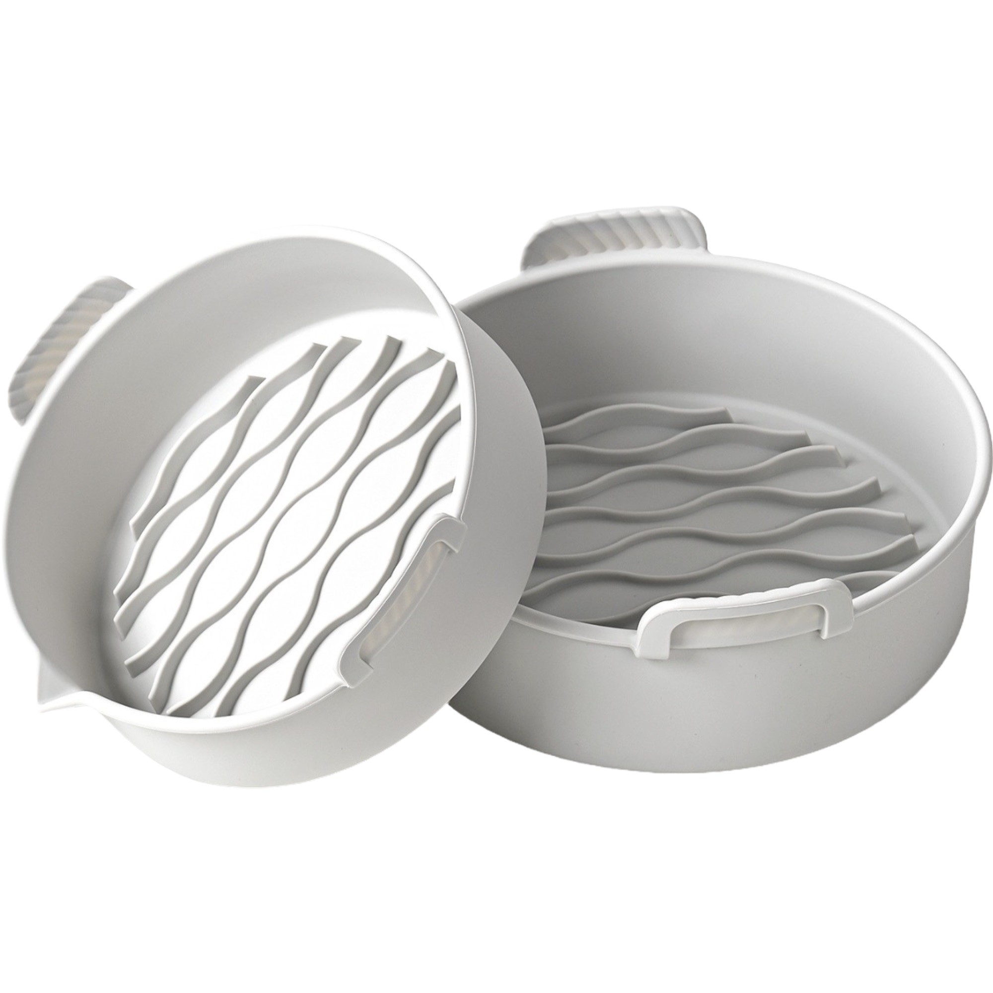 Ustensile pentru Bucătărie - Set 2 tavi din silicon ecologic pentru air fryer , temperatura maxima 230 grade, reutilizabile, reciclabile, cu manere anti-alunecare, fund antiaderent, 18.7 x 19.5 x 7 cm, gri