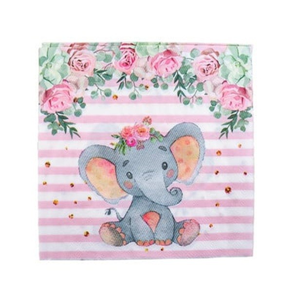 ✨TOATE PRODUSELE✨ - Set 20 de Servetele de Masa, , Imprimeu Elefant, din Hartie, 16.5 x 16.5 cm, Roz