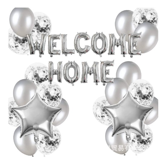 Seturi Baloane Folie - Set baloane folie si latex, , WELCOME HOME, 22 de piese, 20 baloane latex, 2 baloane stea Folie, 1 set Welcome Home, Argintiu