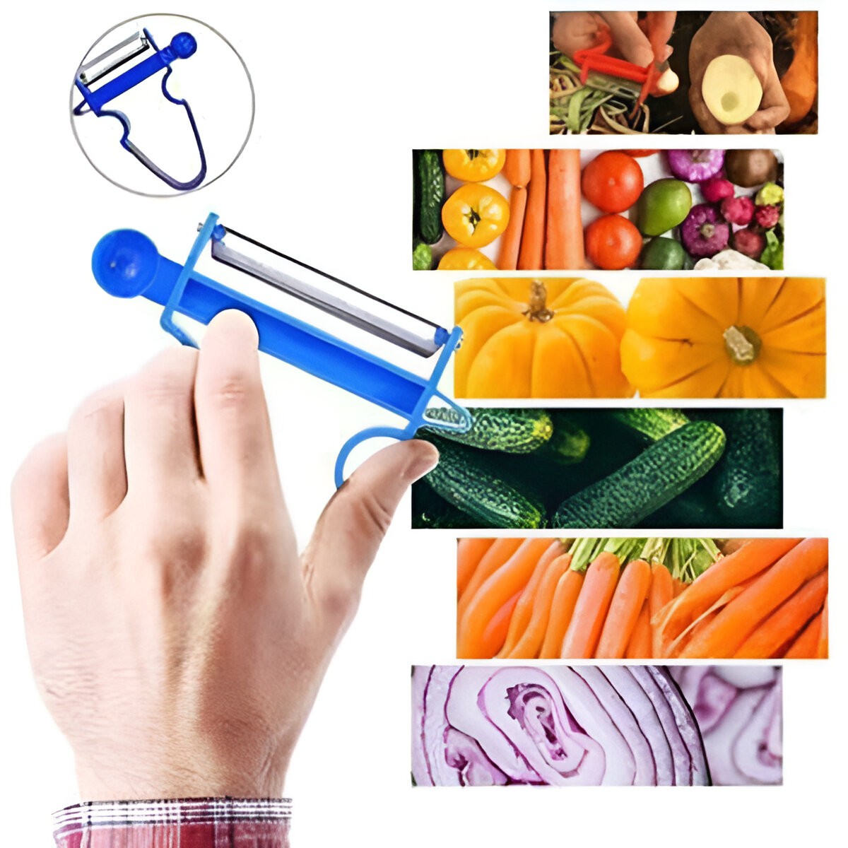 Set 3 Accesorii de Decojire, Razuire si Feliere, , pentru Legume si Fructe, Negru-Rosu-Albastru [4]