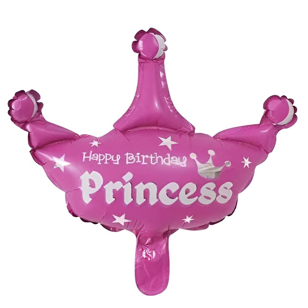 Set 3 Baloane din Folie Metalizata, , Figurine Coroana si Stea, Model Aniversare, 40 cm, Ambalaj Individual, Pai Inclus, Umflare cu Aer sau Heliu, Roz [2]