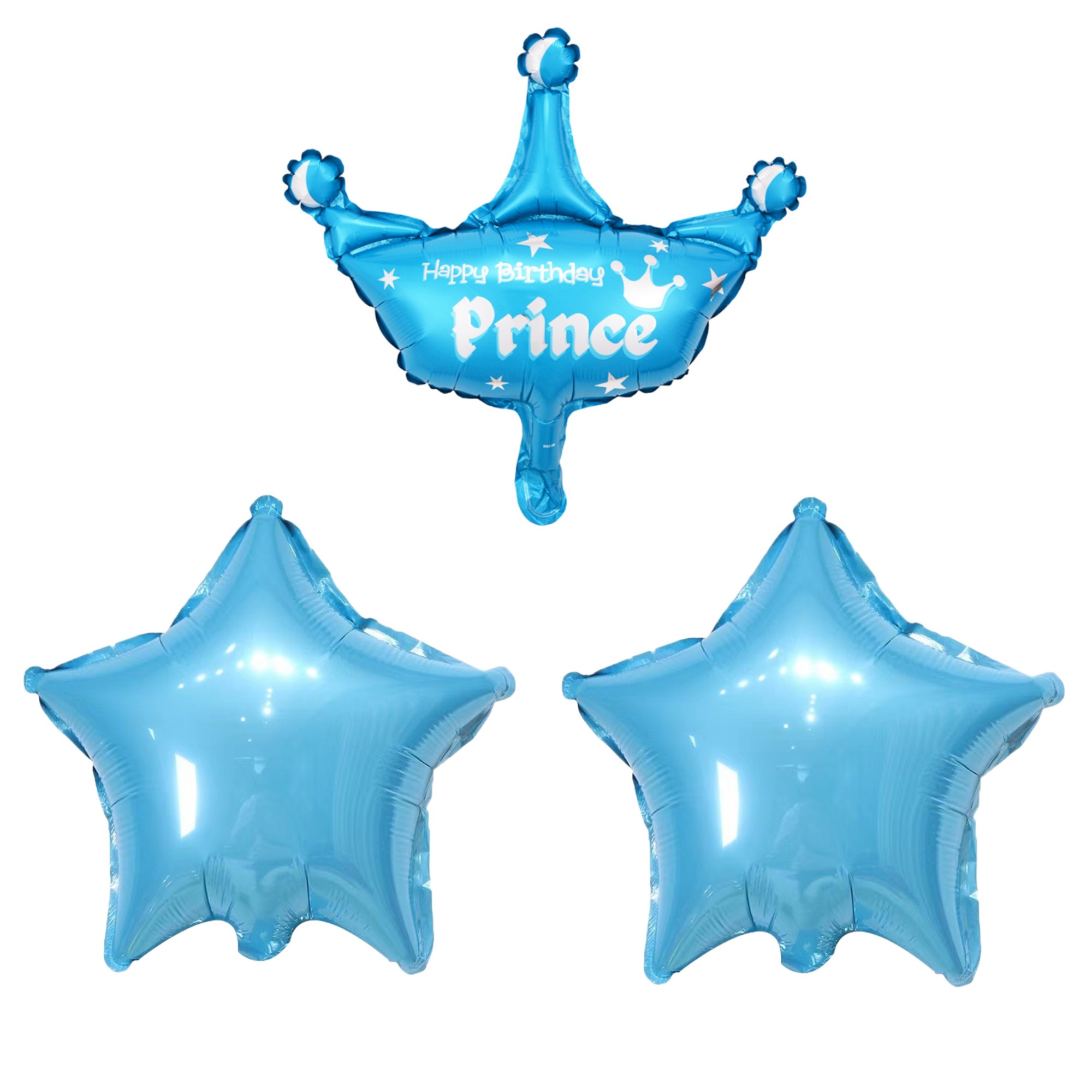 ✨TOATE PRODUSELE✨ - Set 3 Baloane din Folie Metalizata, , Figurine Coroana si Stea, Model Aniversare, 40 cm, Ambalaj Individual, Pai Inclus, Umflare cu Aer sau Heliu, Albastru