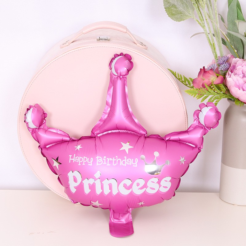 Set 3 Baloane din Folie Metalizata, , Figurine Coroana si Stea, Model Aniversare, 40 cm, Ambalaj Individual, Pai Inclus, Umflare cu Aer sau Heliu, Roz [4]