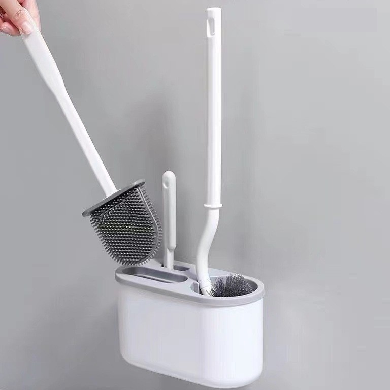 Set 3 Perii pentru Toaleta, , din Silicon, Perie Zimtata, Cap Flexibil, Suport Adeziv pentru Montarea pe Perete, 39 x 19 x 9.8 cm, Gri/Alb [2]