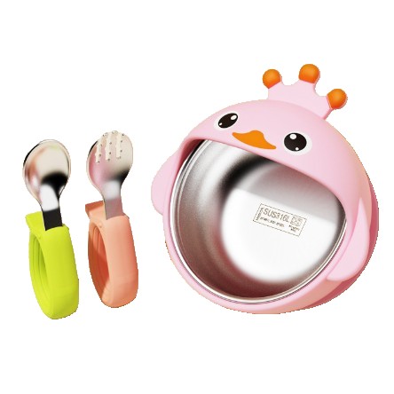 ✨TOATE PRODUSELE✨ - Set 3 Piese Diversificare Bebelusi si Copii, , Bol, Lingura si Furculita, Model Ratusca, din Silicon si Otel Inoxidabil, Roz