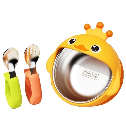 ✨TOATE PRODUSELE✨ - Set 3 Piese Diversificare Bebelusi si Copii, , Bol, Lingura si Furculita, Model Ratusca, din Silicon si Otel Inoxidabil, Galben
