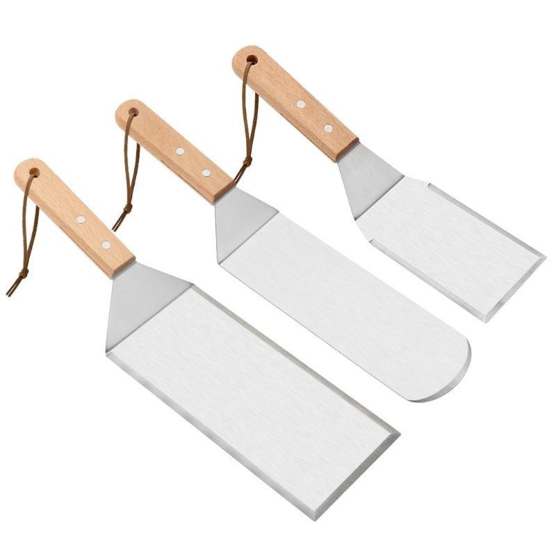 Ustensile pentru Bucătărie - Set 3 spatule pentru gratar , din metal, margini subtiri, suprafata antiaderenta, rezistente la temperaturi ridicate, maner ergonomic din lemn, 3 forme, agatatoare, gri