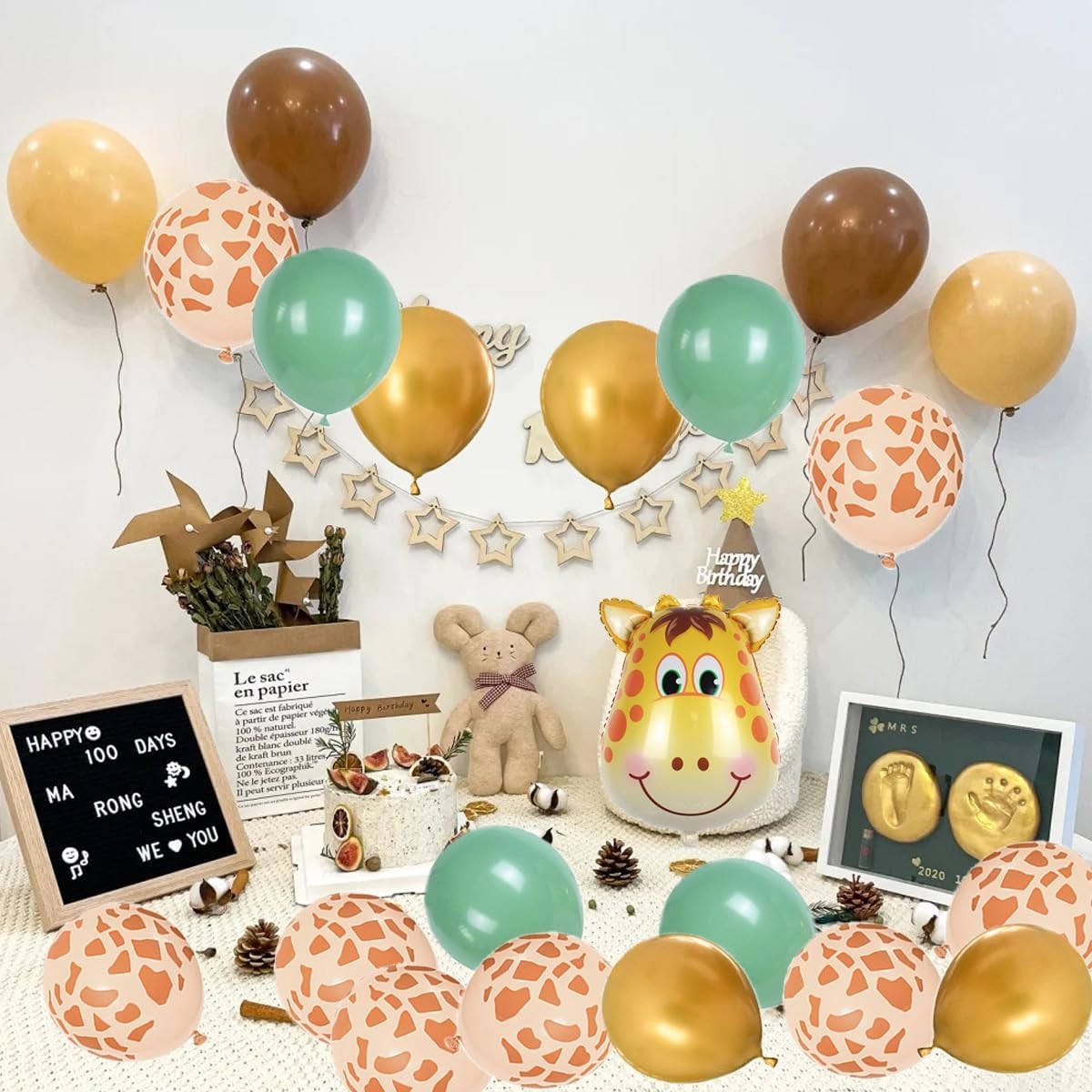 Set 30 Baloane Folie si Latex, , Tematica Prima Aniversare, Baloane Latex 30cm, 25cm, Figurina Girafa 32x34 cm, Frunza Palmier 15 cm, Cifra 1 76 cm, Multicolor [4]