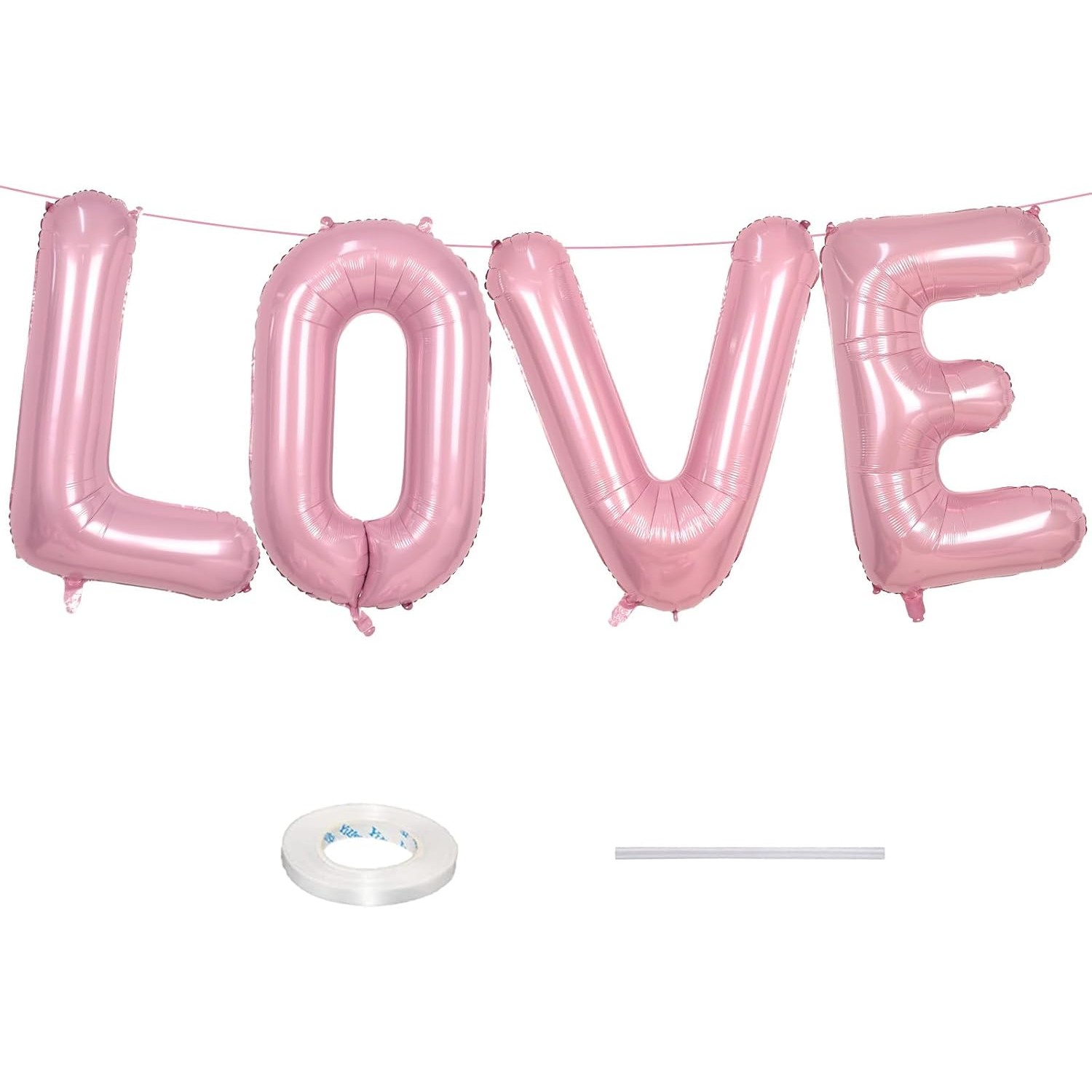 Set 4 Baloane din Folie Metalizata, , Figurine Litere, Model Scris Love, Tema Iubire, 80 cm, Ambalaj Individual, Pai Inclus, Umflare cu Aer sau Heliu, Roz [3]