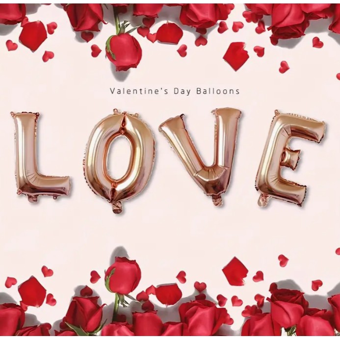Set 4 Baloane din Folie Metalizata, , Figurine Litere, Model Scris Love, Tema Iubire, 80 cm, Ambalaj Individual, Pai Inclus, Umflare cu Aer sau Heliu, Roz [5]