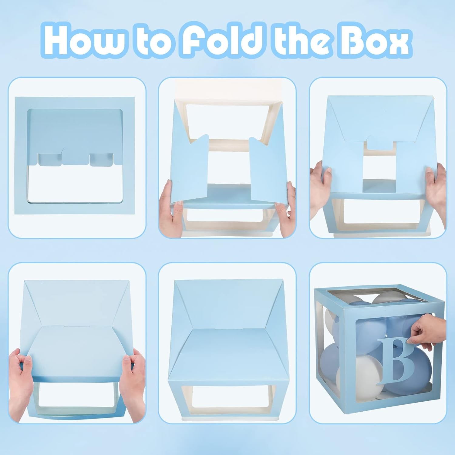 Set 4 Cutii pentru Baloane, , Model Scris Baby, Tematica Iubire, Cuburi Decorative din Plastic, Accesorii pentru Petrecere, 30 x30 cm, Transparente Contur Albastru [3]