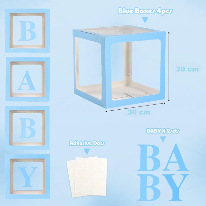 Set 4 Cutii pentru Baloane, , Model Scris Baby, Tematica Iubire, Cuburi Decorative din Plastic, Accesorii pentru Petrecere, 30 x30 cm, Transparente Contur Albastru [2]